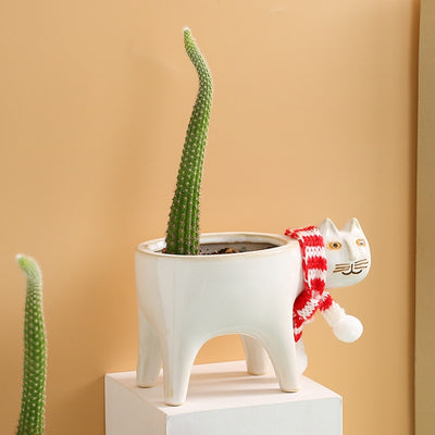 White Ceramic Cat Cactus Flower Pot