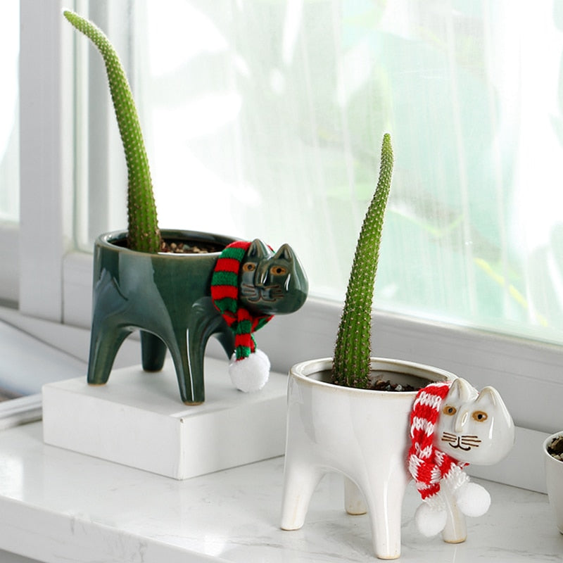 Green and White Ceramic Cat Cactus Planter Pot