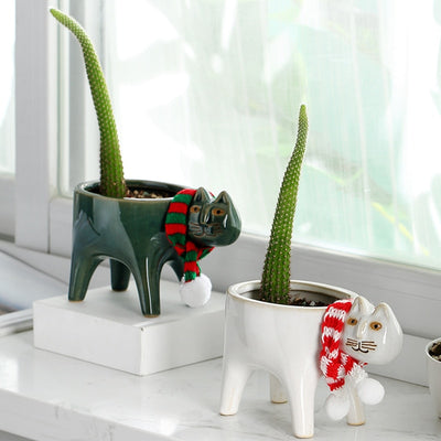  Green and White Ceramic Cat Cactus Planter Pot